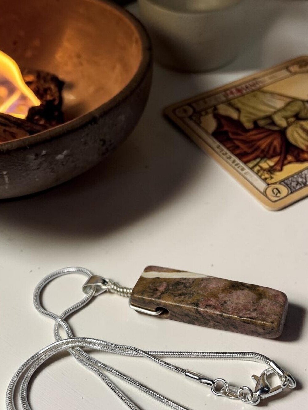 Rectangular Stone Pendant Necklace in Earthy Brown and Green Agate